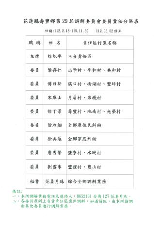 花蓮縣壽豐鄉第29屆調解委員會委員責任分區表