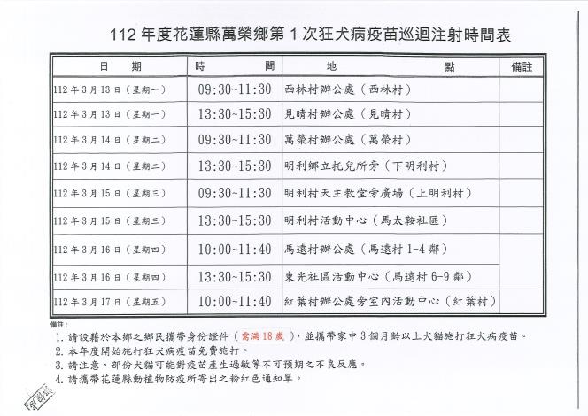 112年花蓮縣萬榮鄉第１次犬貓狂犬病疫苗巡迴注射日程表