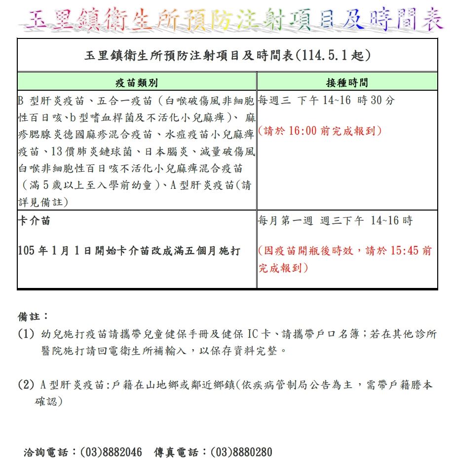 預防注射項目及時間表
