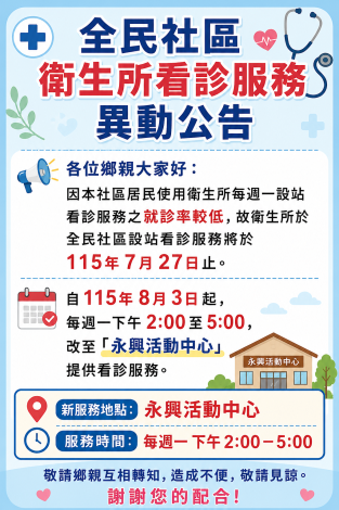 改到永興活動中心看診海報