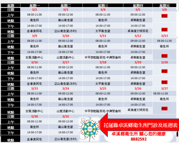 115年3月卓溪衛生所門診及巡迴醫療時間表